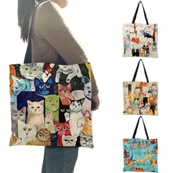 Bolso de mano con estampado de dibujos animados de gatos para mujer, bolso de mano de lino ecológico, bolso de hombro práctico de viaje a la moda, bonito patrón