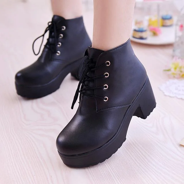 Women's Short and Thick Soled Boots, Women's Lace Up Shoes, Black and White, Wide Heels, 2021 New, Large 35-41