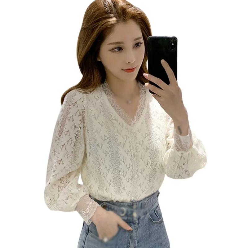 Women\'s Fashion V Neck Shirts Spring Autumn Lace Sweet Sexy Long Sleeve Blouse Tops