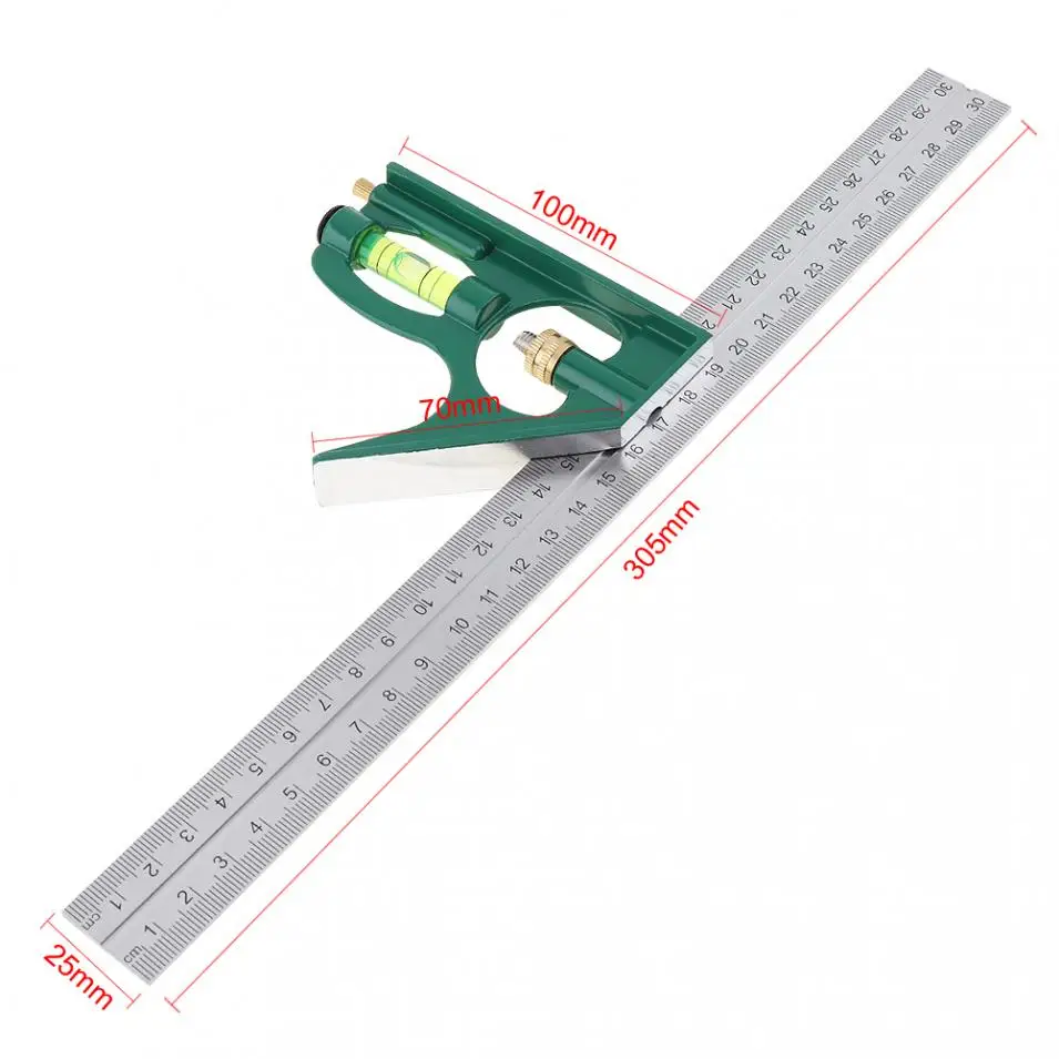 12 Inch 300mm Adjustable Combination Square Angle Ruler 45 / 90 Degree With Bubble Level Multifunctional Gauge Measuring Tools