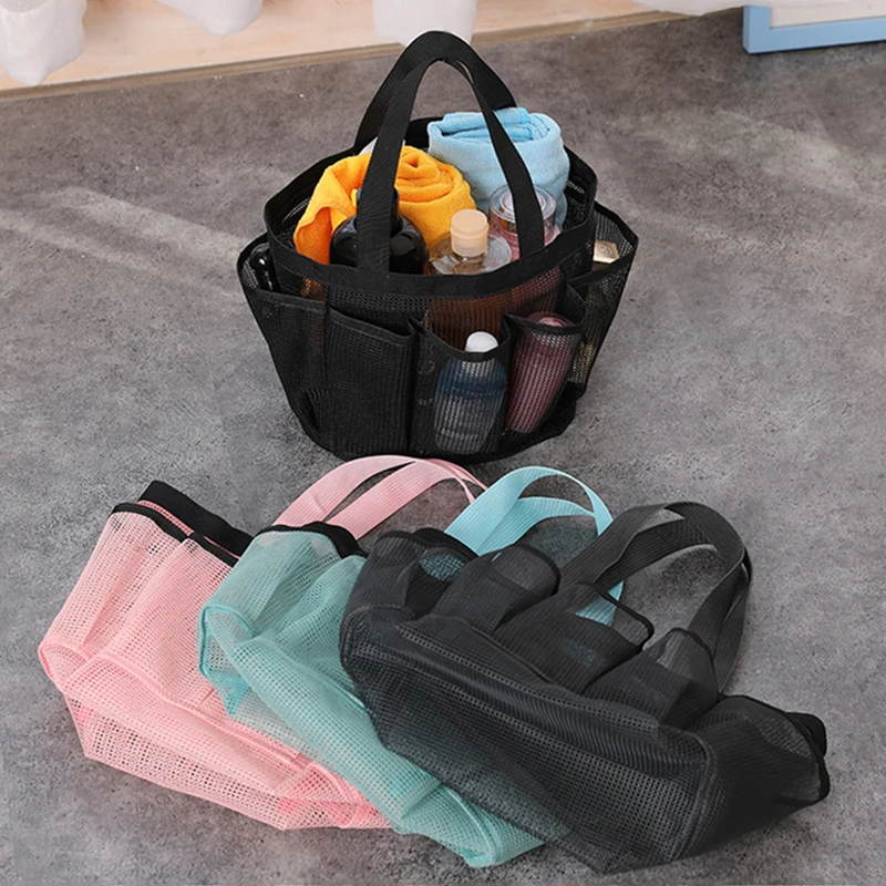 Bolsa de malla, bolsos de mano, Caddy de ducha, portátil para dormitorio universitario, bolsa de mano grande para baño, duradera con 8 bolsillos,