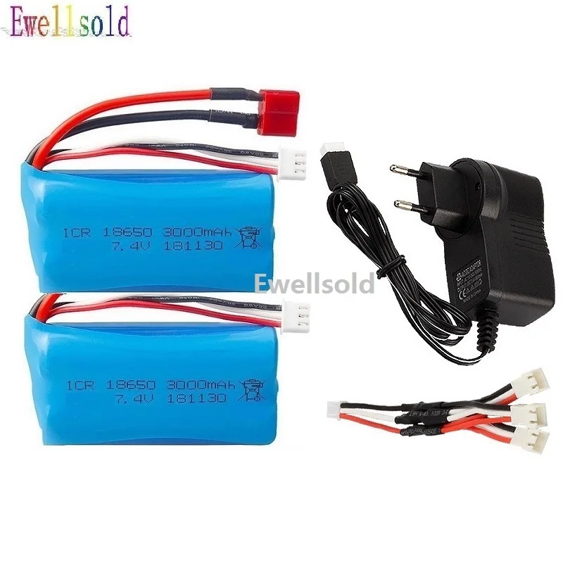 Bateria Li-ion para Wltoys, 7.4V, 3000mAh, 2s, 18650, USB, 144002, 12428, 12423, 12402A, 12402, 144001/104009, peças de carro RC com carregador