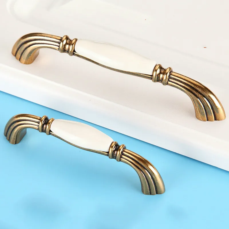 JD Yellow Bronze Ceramic Handle European Off-white Cabinet Wardrobe Door Handle Simple Rural Furniture Handle Zinc Alloy