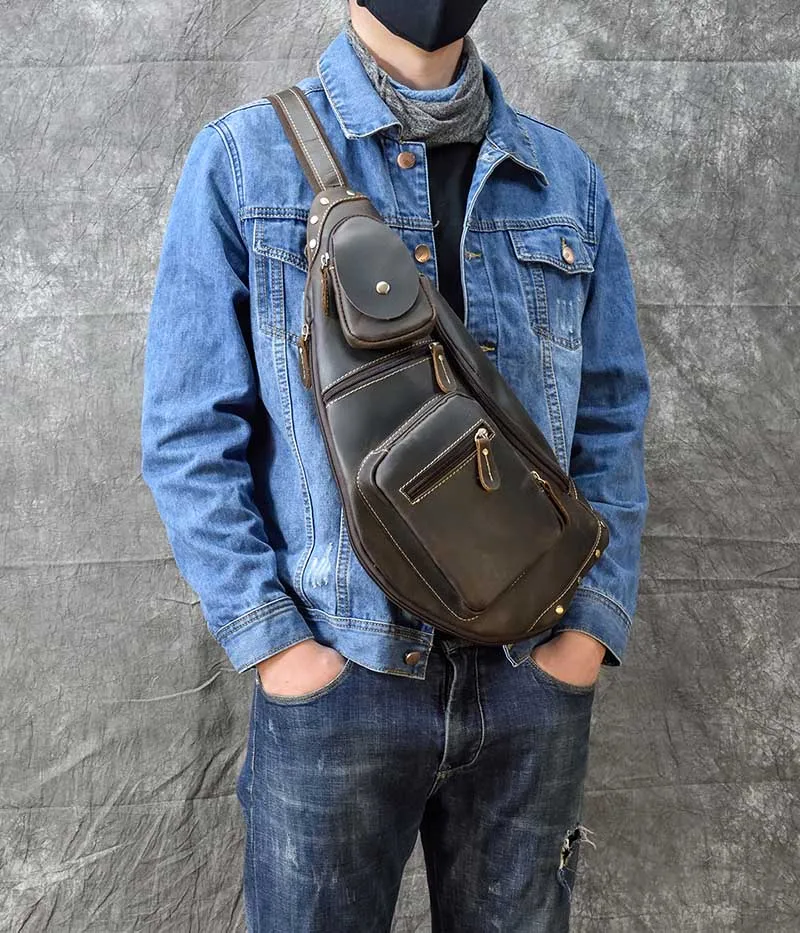 Vintage Genuine Leather Men Chest Bag Brown iPAD mini Shoulder bag Casual Cowhide Crossbody Bags Small Riding Travel Sling Pack