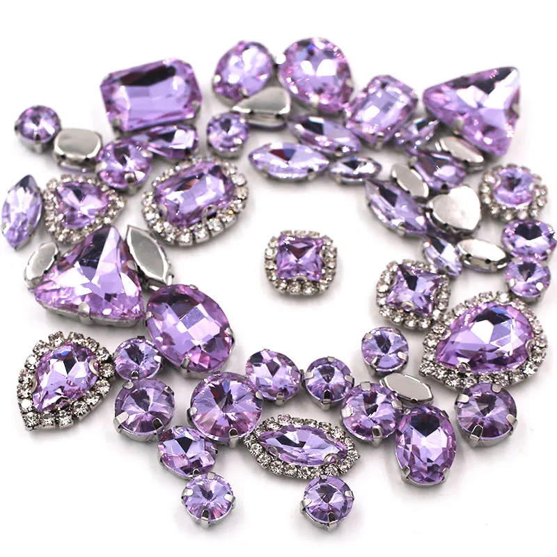 50pcs/Bag Crystal Viole Mixed Shape Sew on Glass Rhinestone Silver Claw Crystal Buckle Diy Wedding Decoration Clothes/Shoe/Dress