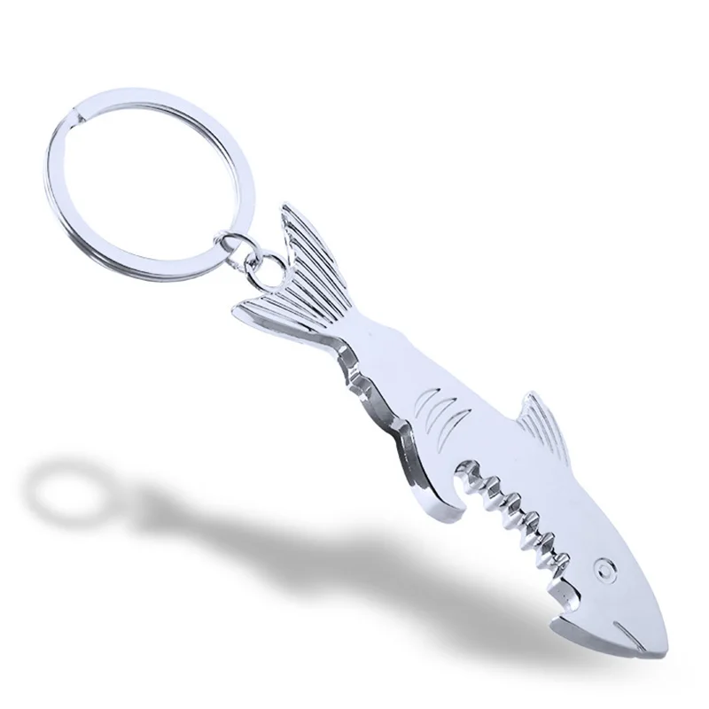 Creative Keychain Shark Beer Bottle Opener Silver Color Key Ring Metal Wearable Outdoor Key Chain Men Unique Gift Bag Pendant