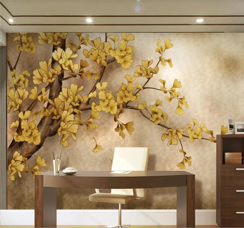 

Custom mural wallpaper home decoration painting hand-painted Chinese ginkgo tree TV background wall painting