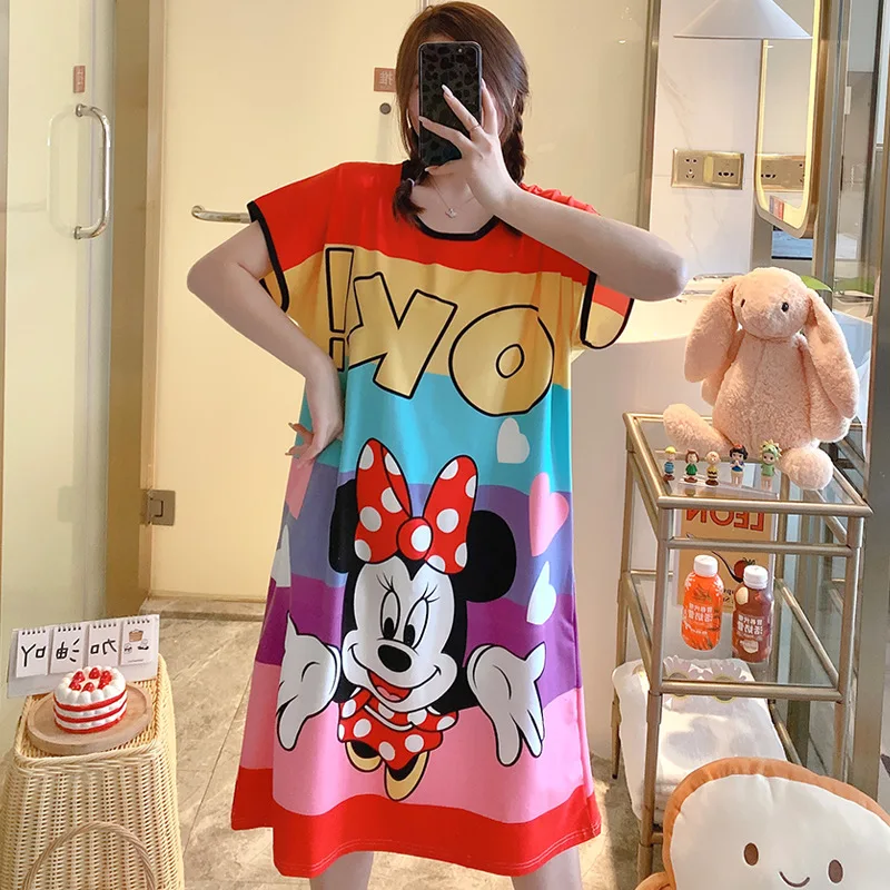 Nightdress Women Summer Color Mickey Cartoon Loose Nightgown Mid-Length Home Service Skirt Casual Nightdress