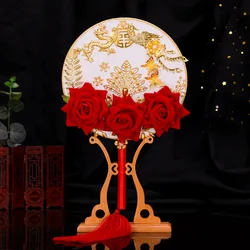 NiuShuya  New Fashion Wedding Red Rose Flower Bouquet Fan Handmade Chinese Bridal Jewelry Hand Round Fans