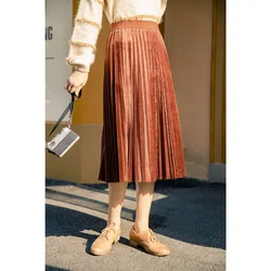 INMAN Women's Pleated Skirt Autumn Winter  Vintage Literary Middle Elastic Waist Pure Color Female Bottoms