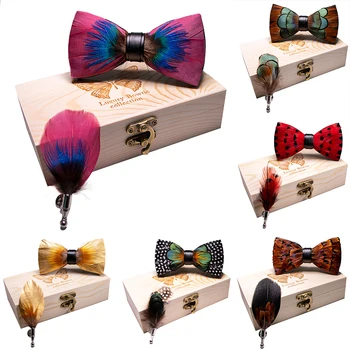 KAMBERFT 67 สไตล์ใหม่ธรรมชาติ Feather Bow Tie ประณีตทำด้วยมือบุรุษ BowTie เข็มกลัด Pin ไม้ของขวัญกล่องชุดสำหรับงานแต่งงาน