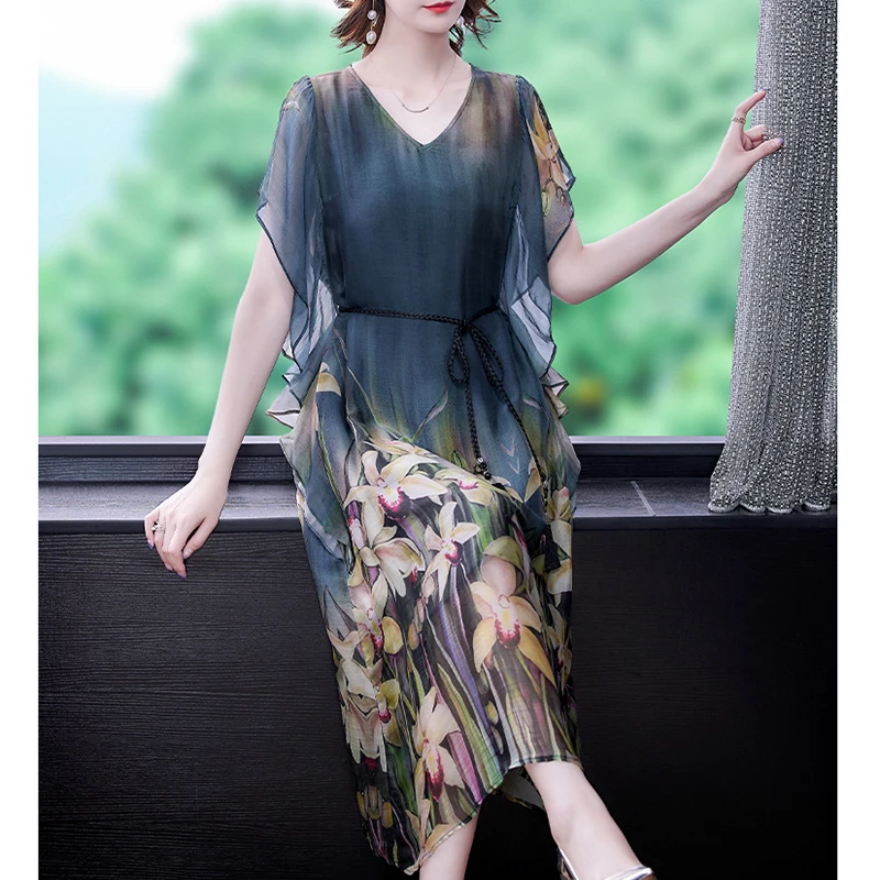 2024 Loose Print Natural Silk Midi Dress Summer Vintage Casual Chiffon Dress Elegant Women Bodycon Party Evening Vestidos