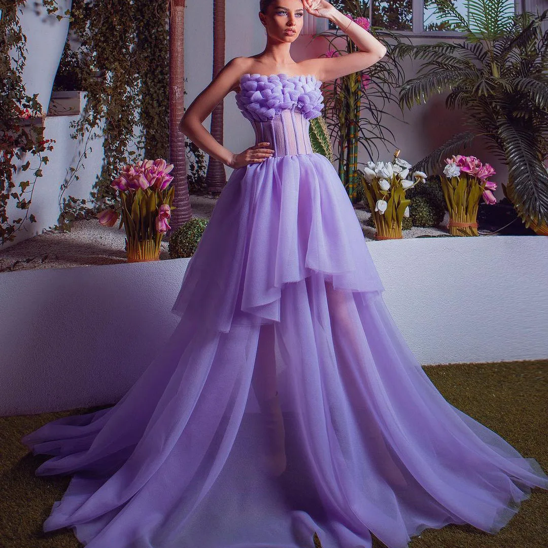 Light Purple Tulle Wedding Dress Custom Evening Prom Dresses Ball Gown Strapless Lace Up Formal Party Dress Bridesmaid Dresses