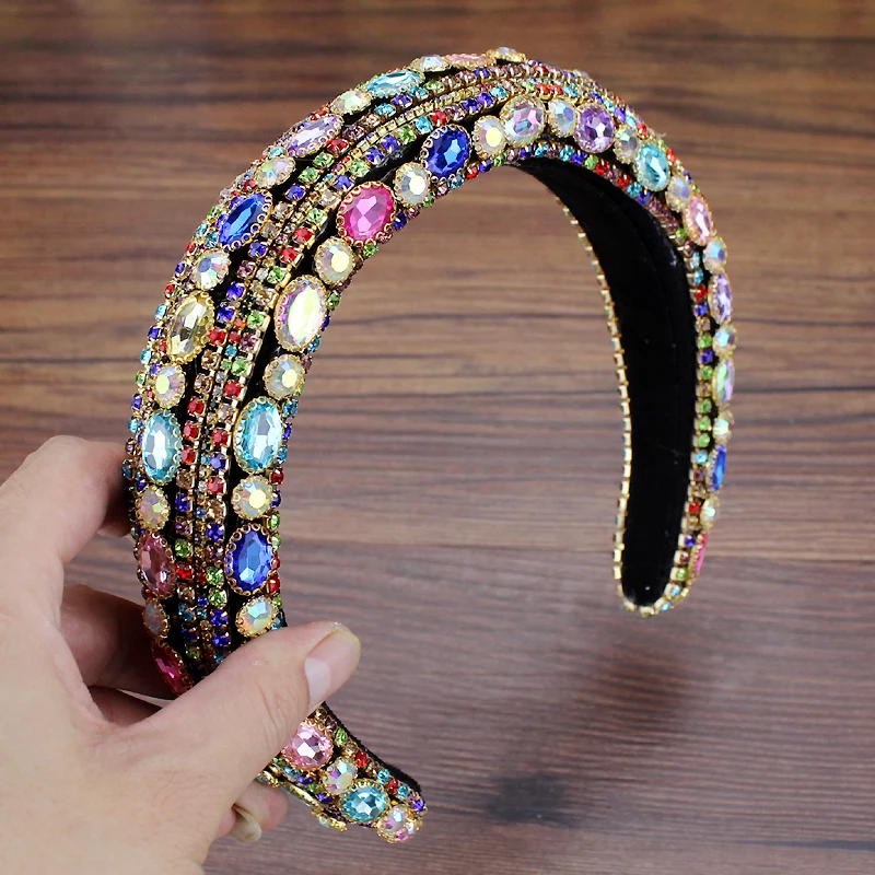 Handmade Colorful Crystal Baroque Tiara Hairbands Diamante Padded Headbands For Women Headdress Birthday Wedding Hair Jewelry