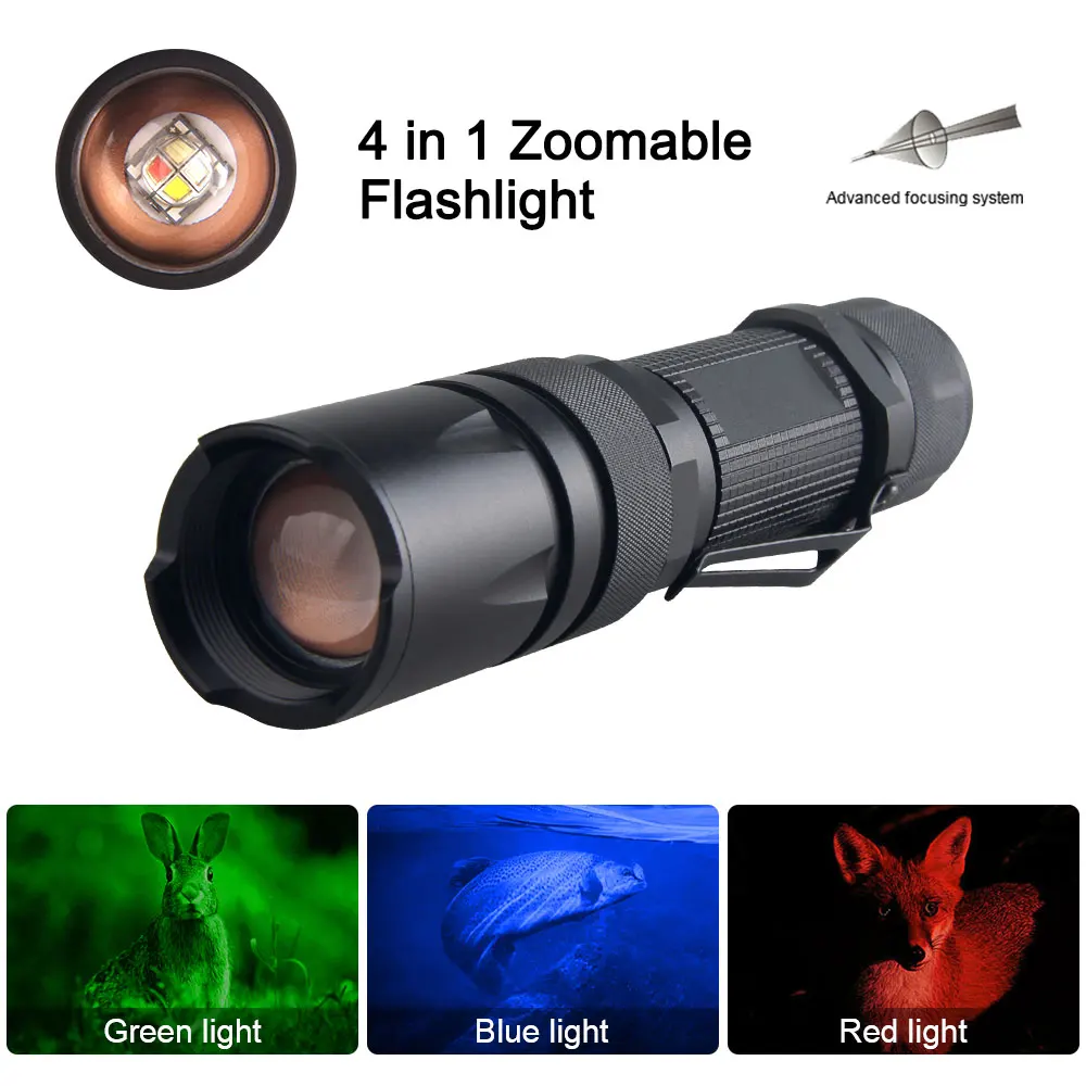 4 in 1 Outdoor Zoomable Hunting Flashlight 5 Modes Multi-color waterproof tactical light Torch with glow stick+18650+Charger