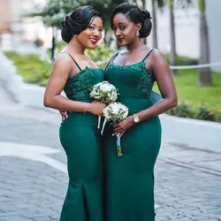 2020 Black Girl Cheap Bridesmaid Dresses Mermaid Dark Green Appliques Satin Backless Sweep Train African Wedding Guest Maid