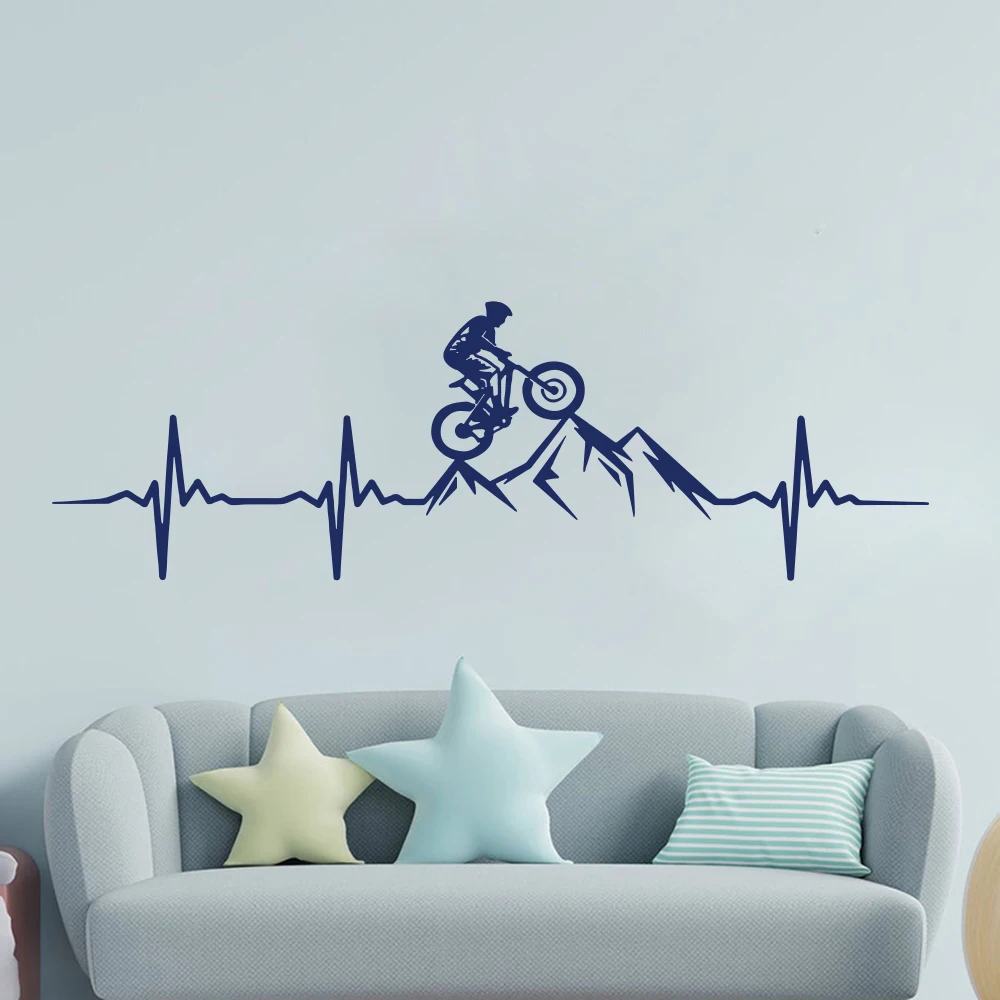MTB Mountain Bike Heartbeat Wall Decal Living Room Bedroom  Man Mountain Biker Downhill Bicycle Wall Sticker Playroom Vinyl