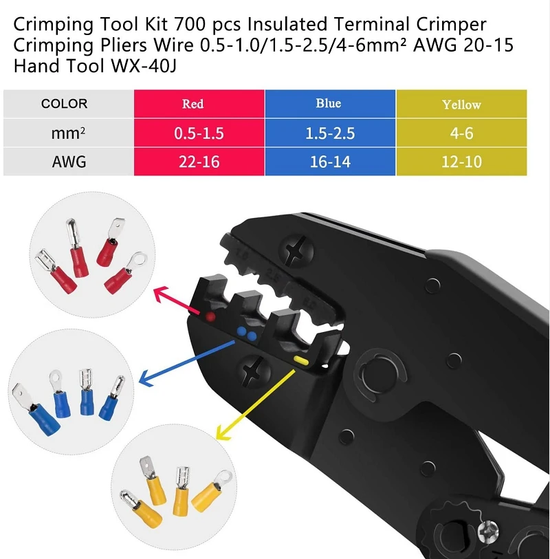 Crimping Auto Tools AWG22-16 WX-30J Adjustable Crimper Pliers With 700Pcs Cable Lugs Terminal Assortment Kit Wire Crimp Stripper