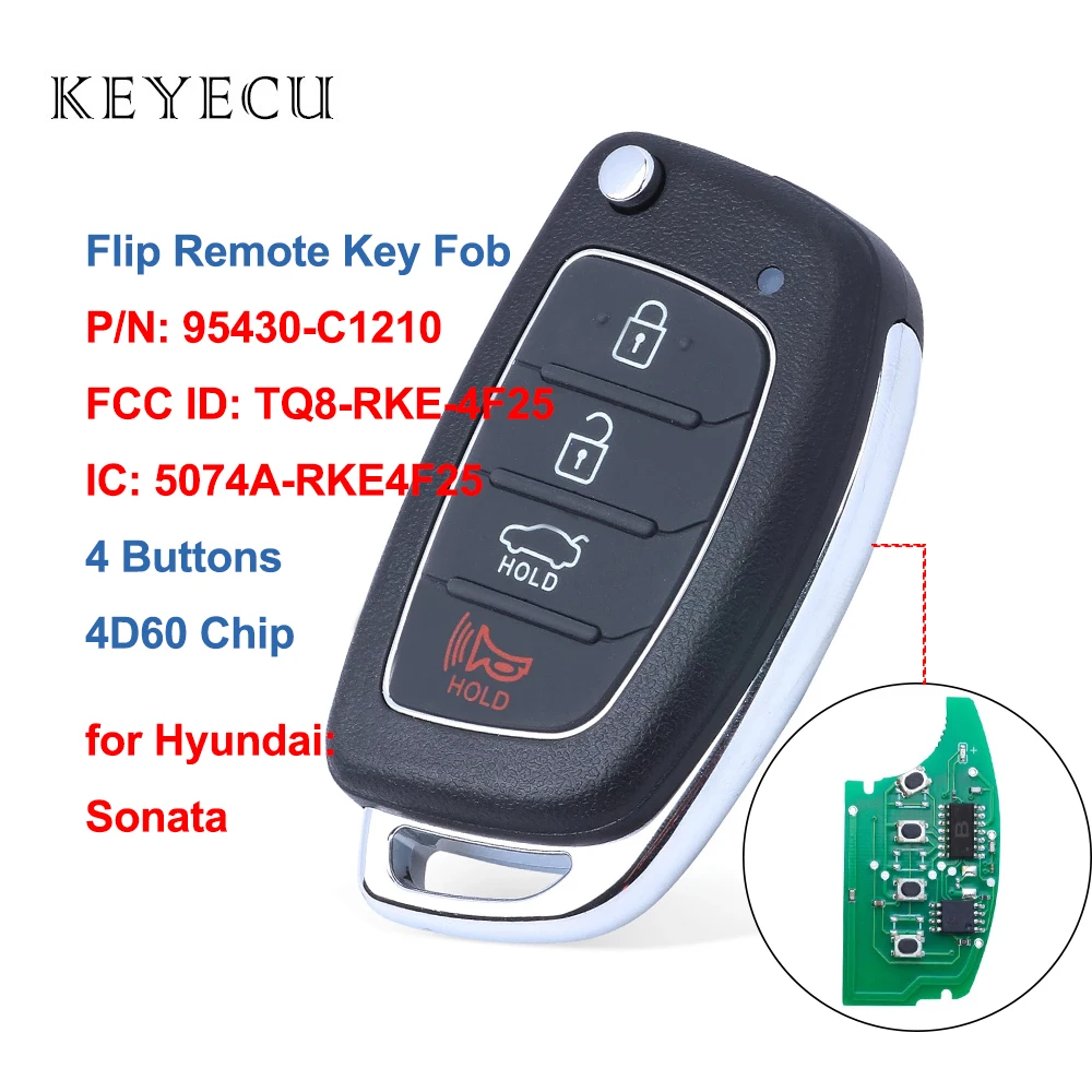 

95430-C1210 / TQ8-RKE-4F25 Flip Remote Car Key Fob 4 Buttons 433Mhz 4D60 Chip for Hyundai Sonata 2017 2018 2019