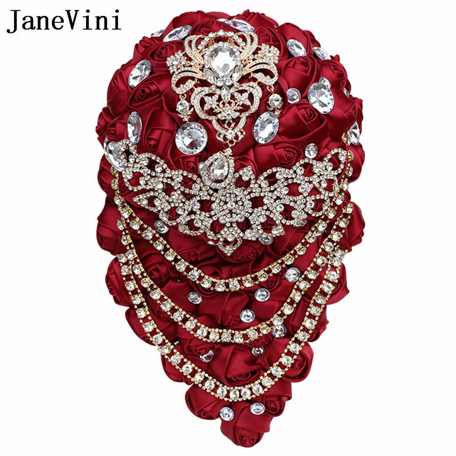 JaneVini Luxury Waterfall Burgundy Bridal Bouquets Flowers Handmade Satin Roses Crystal Wedding Bouquet Ramo Flores Artificiales