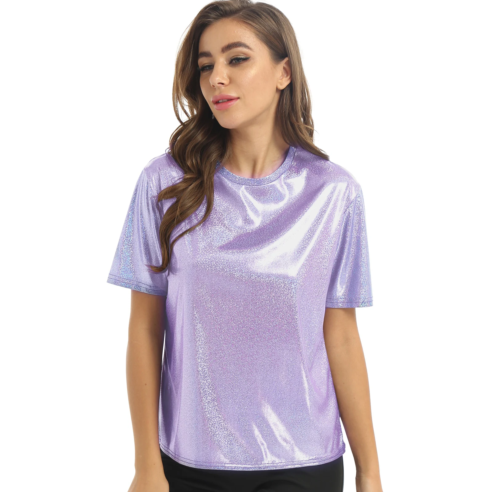 Womens Fashion Shiny Short Sleeve T-Shirt Casual Sparkling Round Neck Tops Pole Dance Costune Rave Party Clubwear