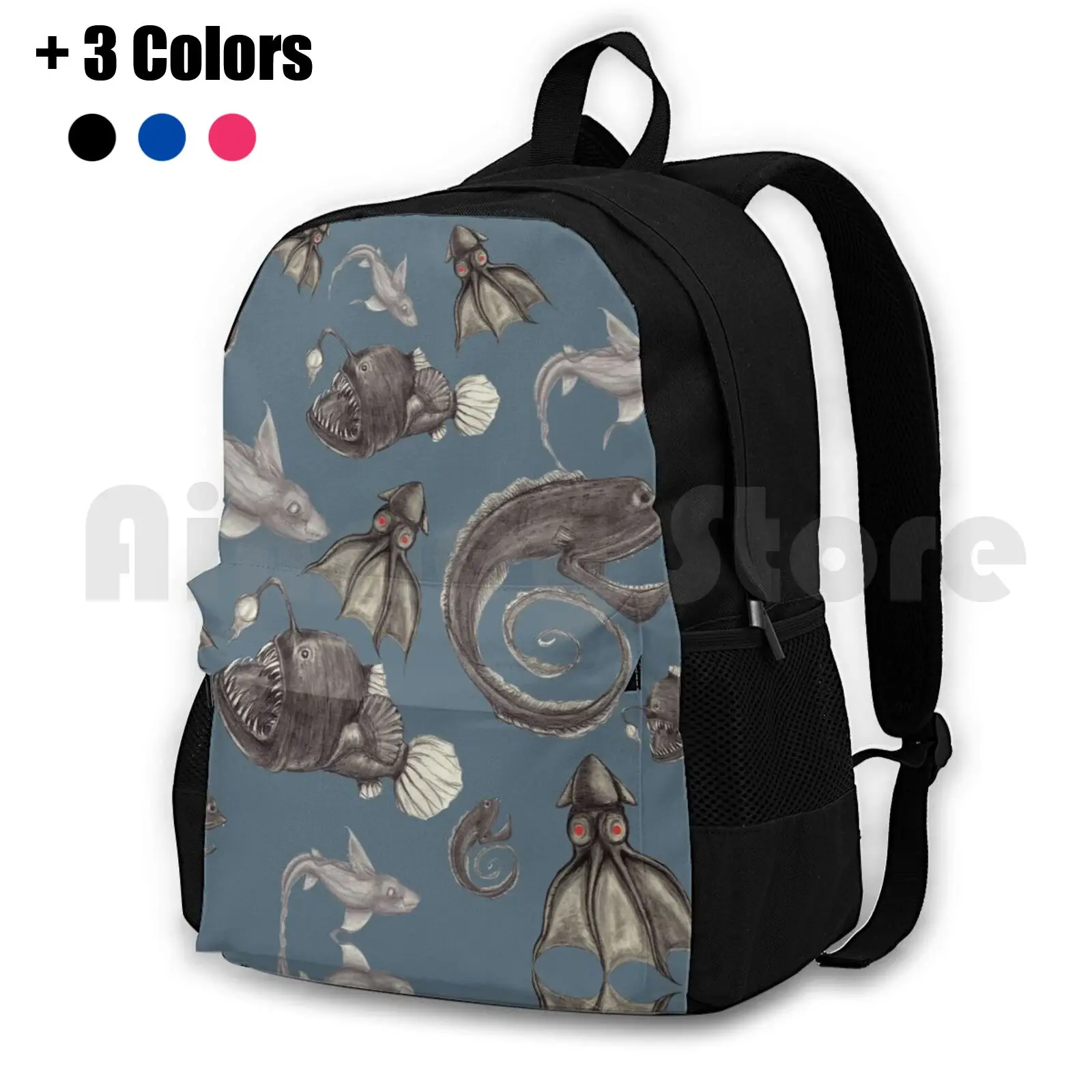 Deep Sea Creatures Pattern Outdoor Hiking Backpack Riding Climbing Sports Bag Halloween Pop Surrealism Sketch Michaela Sagatova