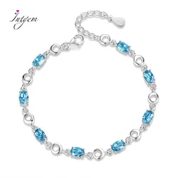 Blue Topaz Bracelets Female Real 925 Sterling Silver Deep Blue Sapphire Color Gemstone Bracelet for Student Girl Birthday Gift