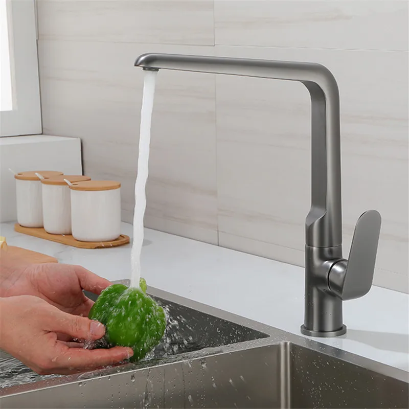 Kitchen Faucet Hot & Cold Solid Brass Sink Mixer Tap Vegetable Washing Pool Water Crane Rotating Single Handle Deck Mounted Grey