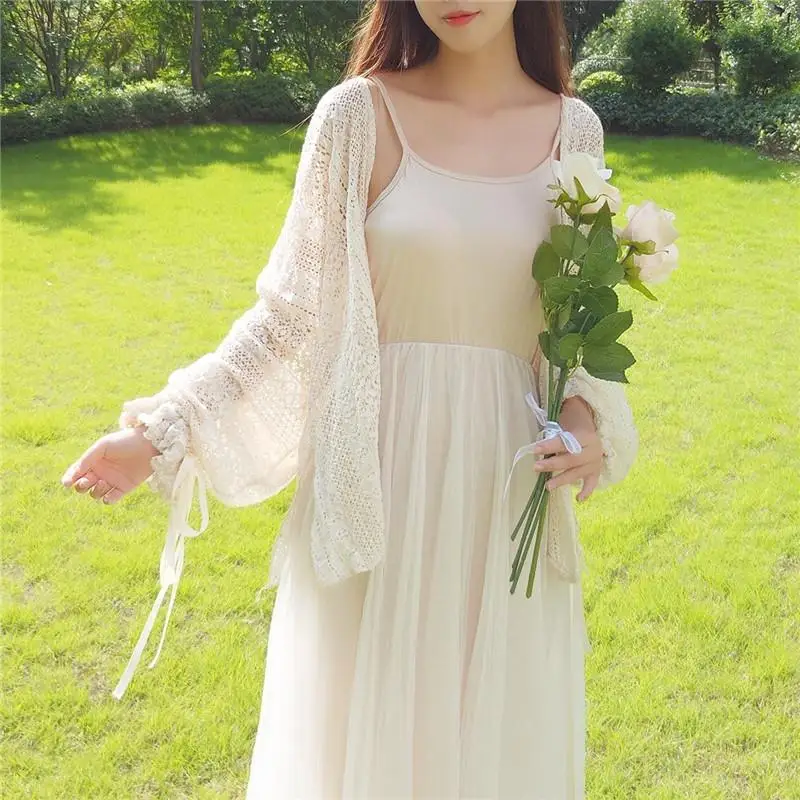 Shirts Women Long Butterfly Sleeve Hook Flower Hollow Solid Kawaii Fairy Retro Lace Thin Fashion Leisure Ulzzang Elegant Chic