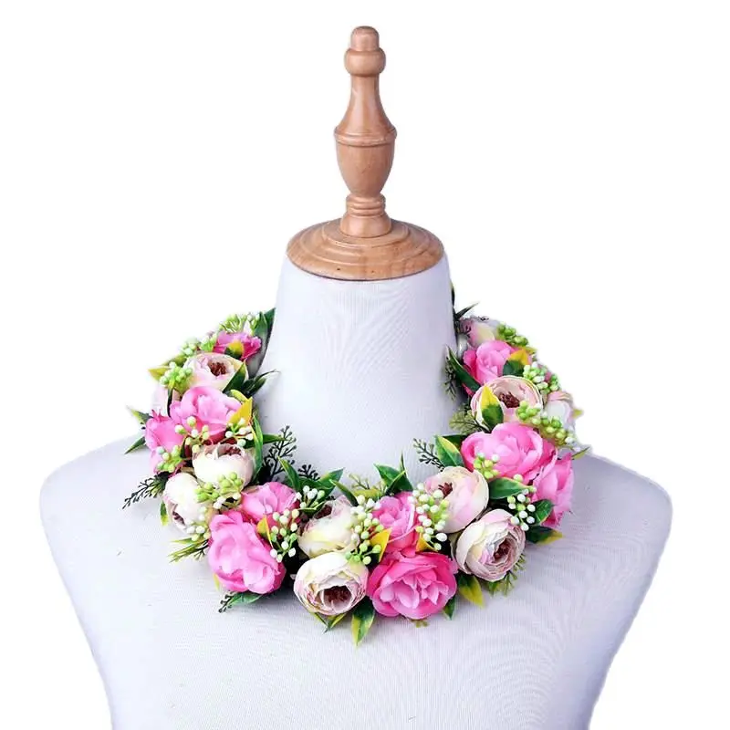 Free Shipping HL00020A 20pcs/lot 64CM Artificial Silk Rose Short Lei Tropical Flower Women Wear  Accessories Hawaiian Necklace