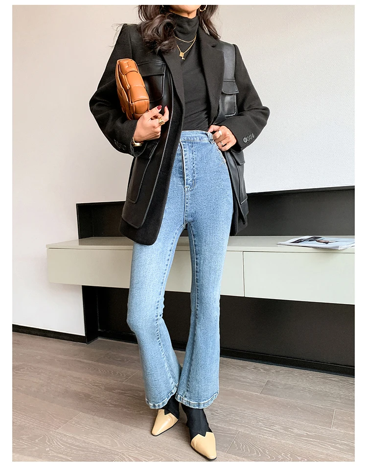 Nerazzurri Autumn Black Wool Blends Patchwork Leather Jacket Women with Many Pockets Long Sleeve Korean Fashion Streetwear 2022