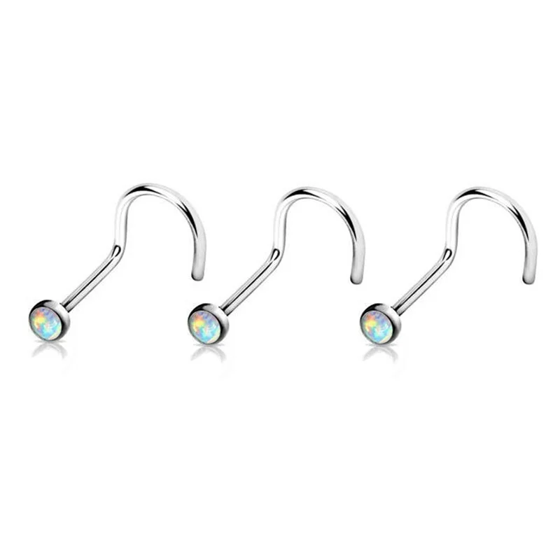 1pc Opal Nose Ring Earring Bone Nose Stud Stainless Steel Punk Piercing Nariz Indian screw for Man Women Black Body Jewelry 20G