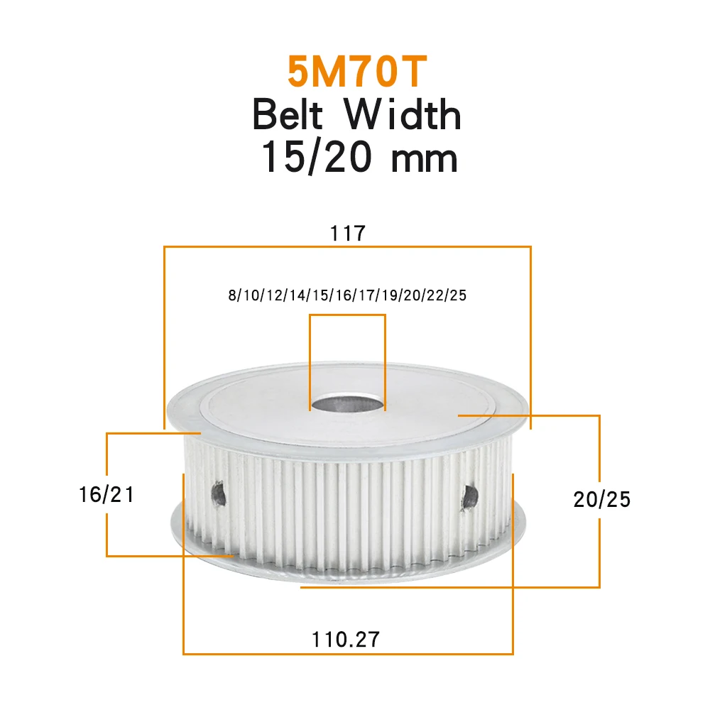 Timing Pulley 5M-70T Bore Size 8/10/12/14/15/16/17/19/20/22/25 mm Alloy Pulley Wheel AF Shape For Width 15/20 mm Timing Belt