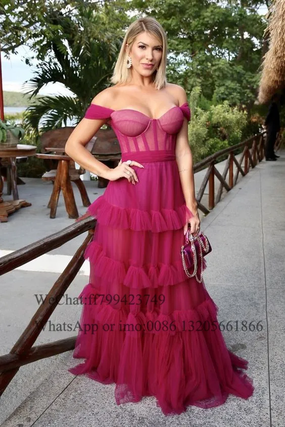 Vestidos de baile em camadas fúcsia feminino, ombro, gola querida, sem encosto, vestido longo linha A, vestido de festa de casamento