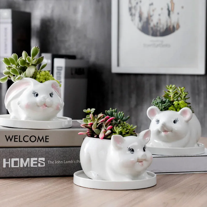 

European Style Succulent Plant Flowerpot Ceramic Flower Pot Rabbit Cat Mouse Shape Vase Planter Balcony Decor Home Garden Decor