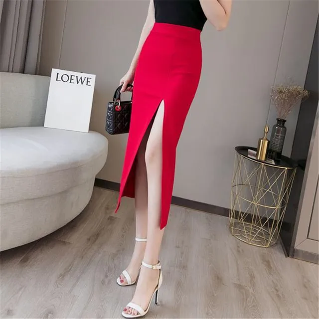 Spódnica biurowa Oversized High Waist Red Open Slit Casual Ladies Midi Skirt Faldas Largas for Women Kobieta Spódnice Femme Jupes