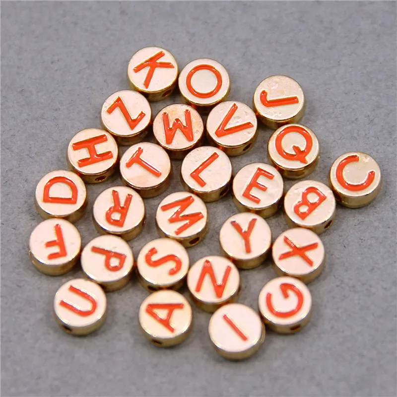 10/26PCS Flat Round 8*4MM Orange Enamel Letter Beads Metal Beads Alphabet Spacer Beads For Bracelet DIY Jewelry Making