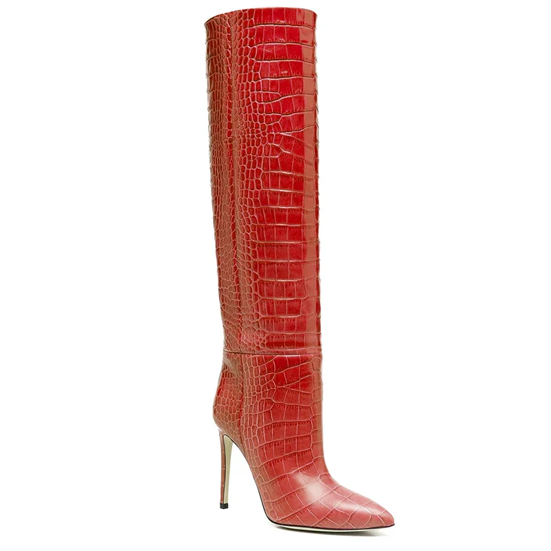 Tailingjia Ladies Winter Shoes Female Black Gold Silver Red Crocodile Pattern Pointed Toe High Heel Women Knee High Boots