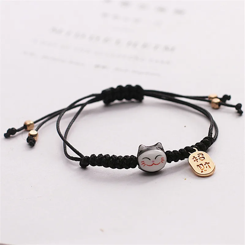 Handmade Colorful Rope Lucky Cat Bracelet For Women Girls Birthday Gifts Charm Tassel Fashion Maneki Neko Couple Bangles