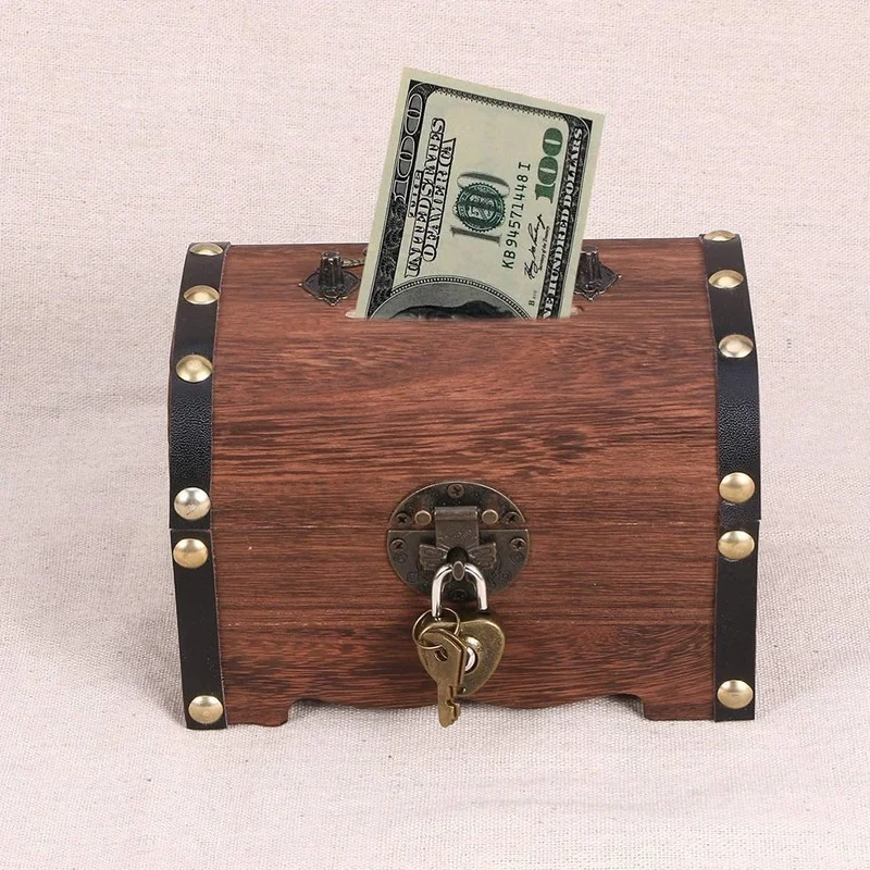 Storage Box Piggy Bank Retro Treasure Storage Box with Lock Household Retro Wooden Coin Box Treasure Box Gift