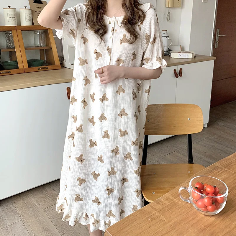 Bear Cartoon Print Summer Nightgown Korean Soft Cotton Long Sleepwear Short Sleeve Ruffles Nightdress Buttons Kawaii Homewear