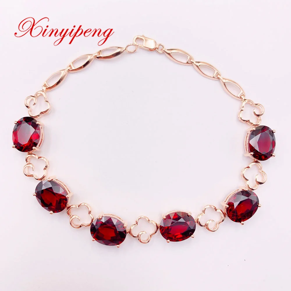 

Xin Yipeng Gemstone Jewelry Real 18K Rose Gold Inlaid Natural Garnet Bracelet Fine Wedding Party Gift for Women Free Shipping