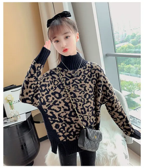 Baby-Mädchen Leopardenmuster Rollkragenpullover Neuer Herbst-Winter Koreanischer Stil Lockerer Strickpullover Oberteil für Kinder 6 8 10 12 13 Jahre – Detail 2