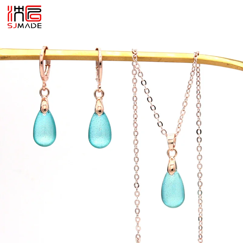 SHENJIANG New Colorful Glass Water Drop Dangle Earrings Pendant Necklace Jewelry Sets For Women Party