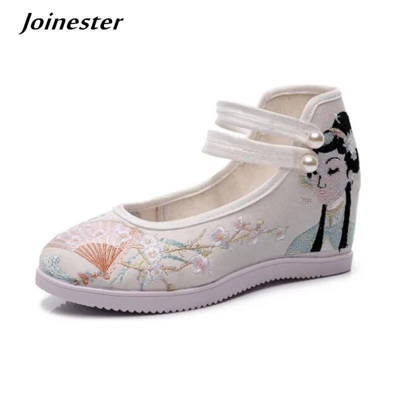 Women Spring Wedges Dress Shoes Ladies Ethnic Embroidered Mary Jane Shoe Female Retro Dancing Pumps  Pearls Button Closure