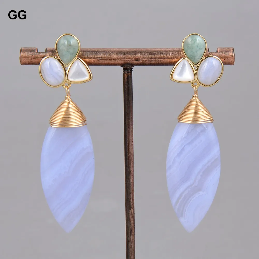 GuaiGuai Jewelry Natural Blue Lace Agate Chalcedony Peruvian Amazonite White Shell Stud Earrings