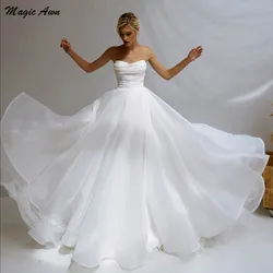 Magic Awn New Organza Boho Wedding Dresses 2024 Thigh Slit Strapsless Pleat Beach A-Line Ivory Bridal Gowns Simple Vestido Novia