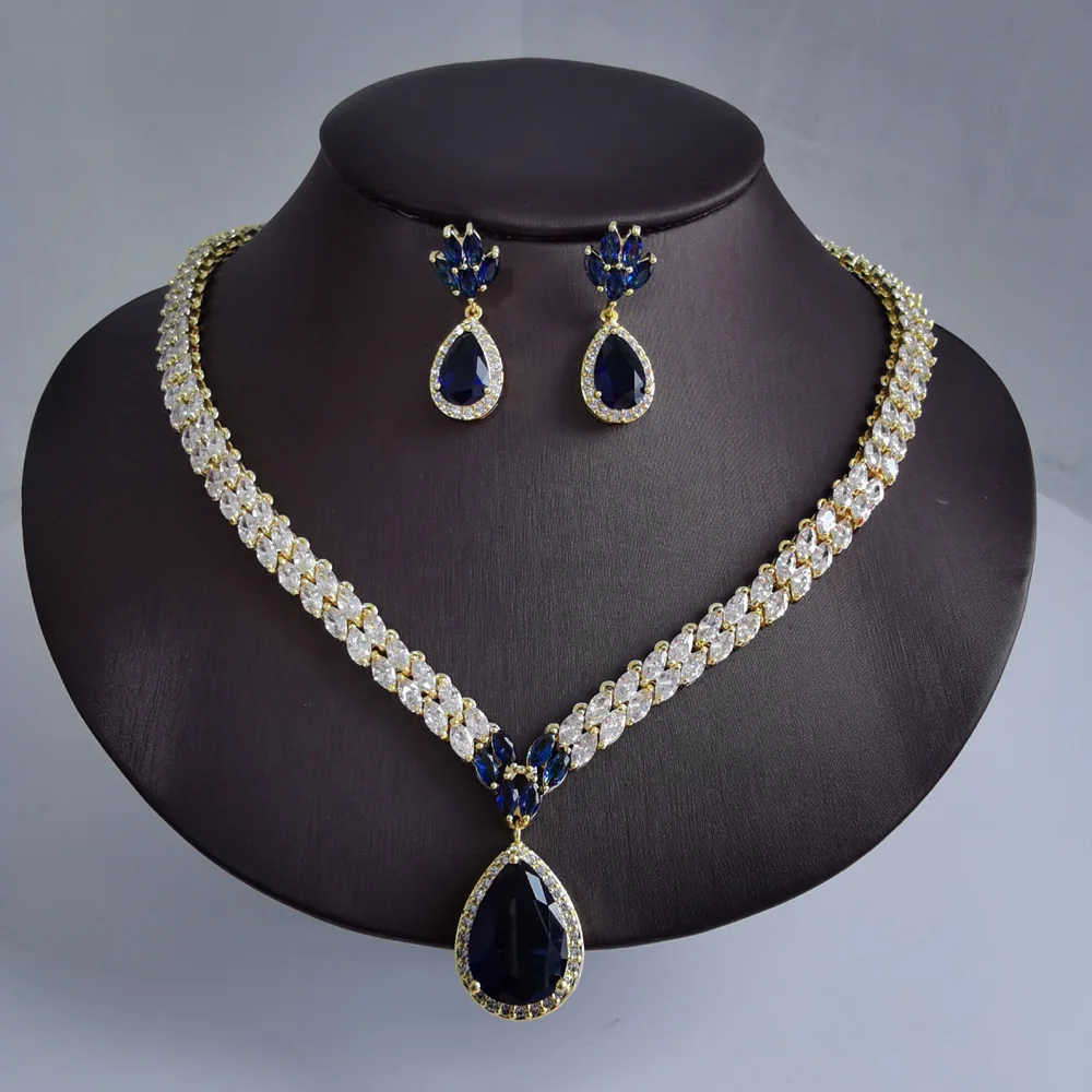 2024 Hot sale New fashion vintage blue water drop necklace earring set wedding party birthday banquet jewelry set