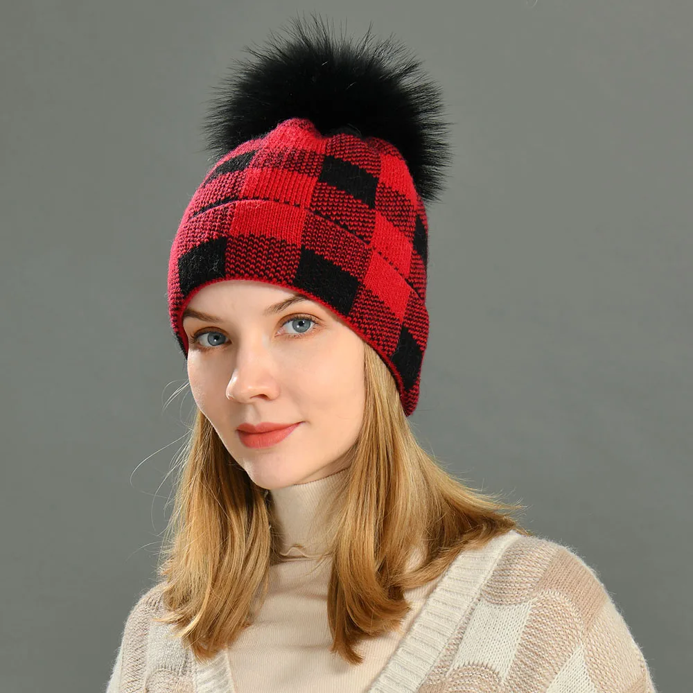 

Jaxmony Women Cashmere Beanie Hat Big Real Racoon Fur Pompom Autumn Winter Fashion Warm Red-Black Plaid pattern Knitted Skullies