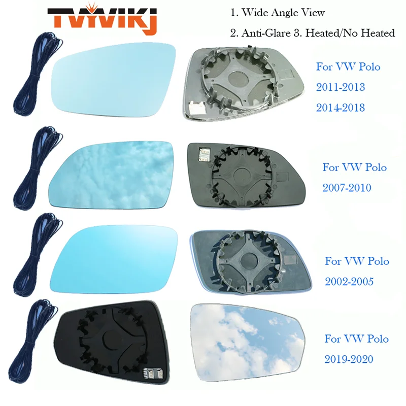 TVYVIKJ Side Rearview Mirror Blue Glass Lens For VW Polo 2002-2020 five generation Wide Angle View anti glare door mirror wing